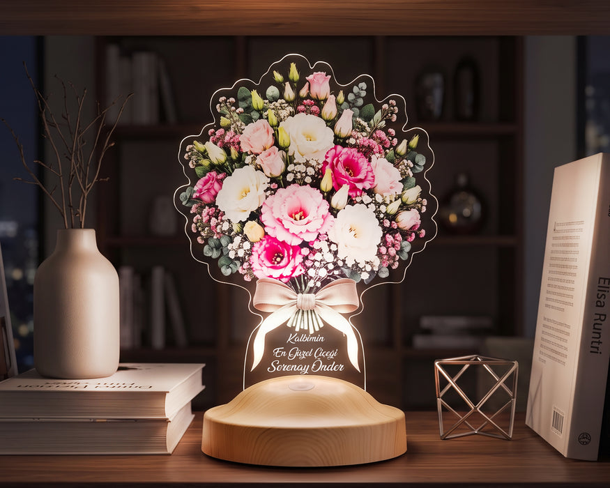 Romantik Lisyantus Çiçek Buketi LED Lamba - Kişiye Özel Sevgiliye Doğum Günü Hediyesi, Yıldönümü Hediyesi