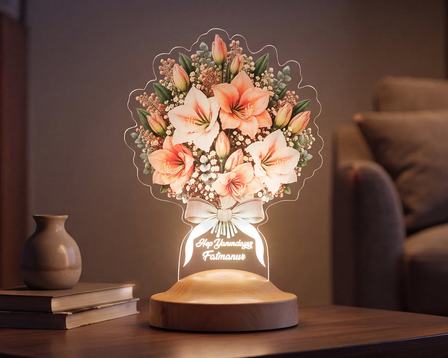 Amaryllis - Nergis Zambağı Çiçek Buketi Led Lamba, Işıklı Güzel Hatun Çiçeği Solmayan Çiçek Sevgiliye – Eşe Kişiye Özel İsimli Hediye