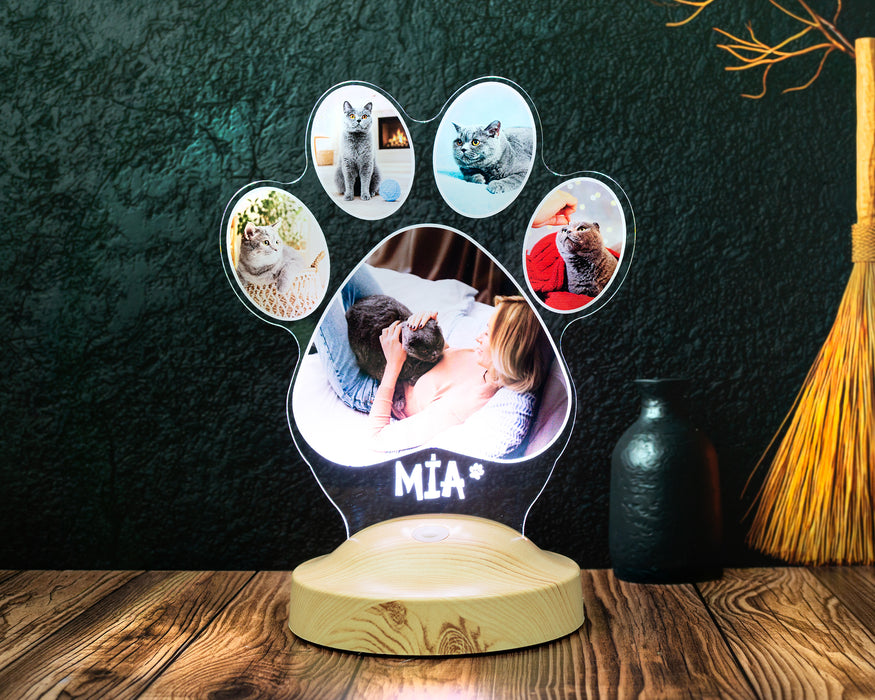 Pati Tasarımlı Kedi Fotoğraflı LED Lamba - İsim Yazılı Kedi Sahibine Doğum Günü Hediyesi