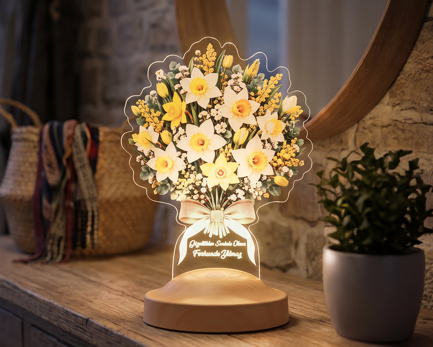 Nergis Çiçek Buketi Led Lamba, Işıklı Sarı Beyaz Nergis Lambası, Kişiye Özel İsimli Doğum Günü Hediyesi