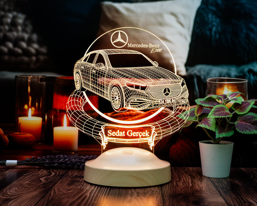 Mercedes E300 Modele Özel 3D Kişiye Özel LED Lamba – Mercedes Tutkunlarına Özel Araba Hediyesi