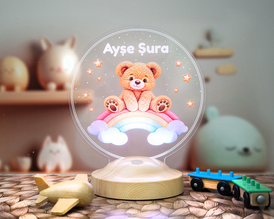 Gökkuşağı ve Sevimli Ayı Teddy LED Lamba - Bebek ve Çocuk Odası, Doğum Günü Hediyesi, Rainbow Temalı Masalsı Hediye
