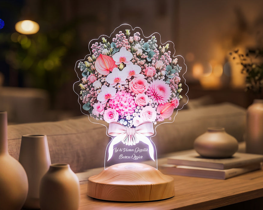 Premium Pudra Zarafet Buketi Led Lamba, Kadına Solmayan Çiçek Hediyesi, Işıklı Pudra Pembe Çiçek Buketi Lambası