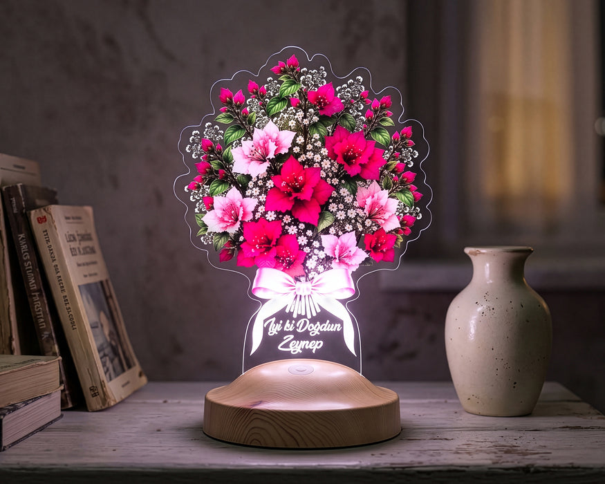 Begonvil Çiçek Buketi Işıklı Led Lamba - Kadına Sevgiliye Doğum Günü Hediyesi Pembe Begonvil Solmayan Çiçek Lambası