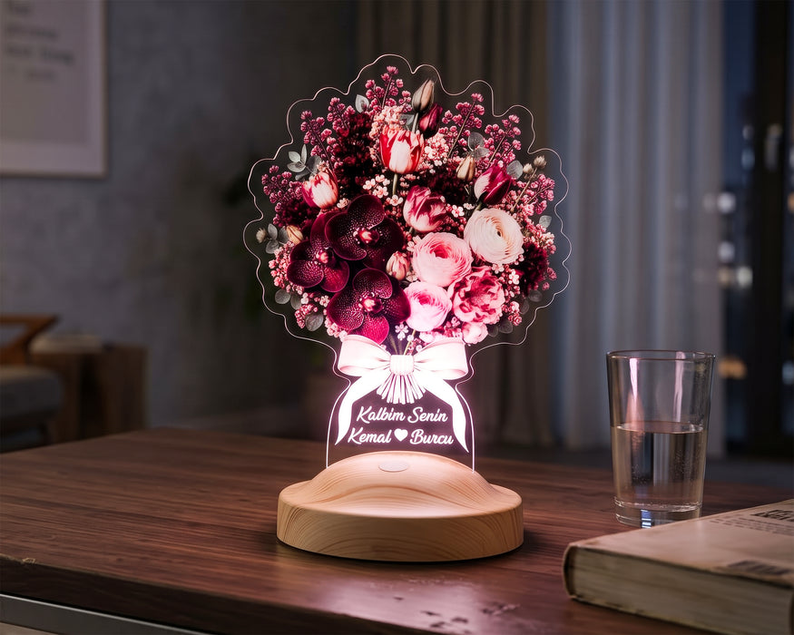 Bordo Orkide Çiçek Buketi LED Lamba - Pudra Buket Kişiye Özel Işıklı Eşe Sevgiliye Yıldönümü Hediyesi Çiçek Lambası