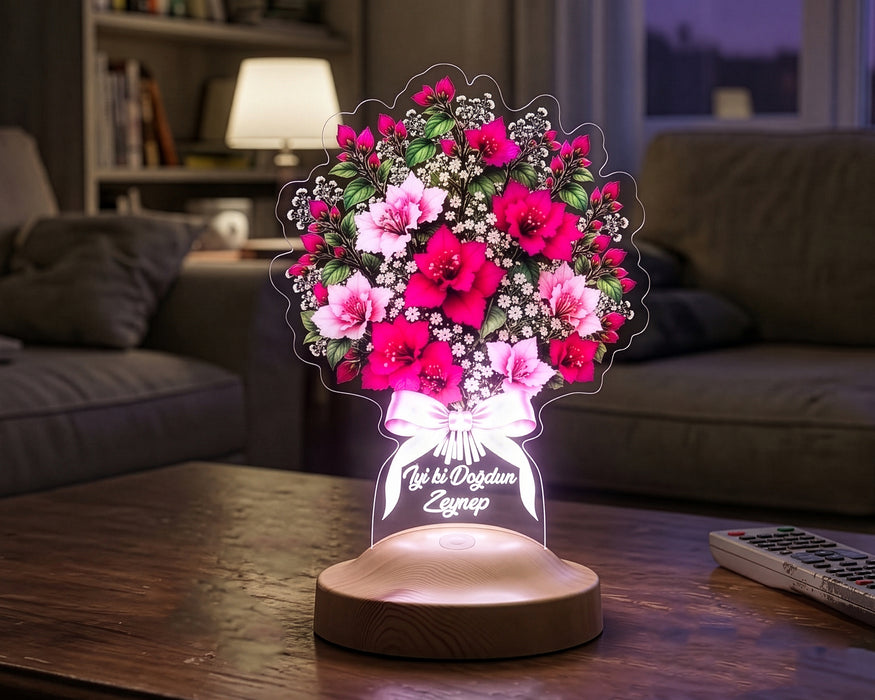Begonvil Çiçek Buketi Işıklı Led Lamba - Kadına Sevgiliye Doğum Günü Hediyesi Pembe Begonvil Solmayan Çiçek Lambası