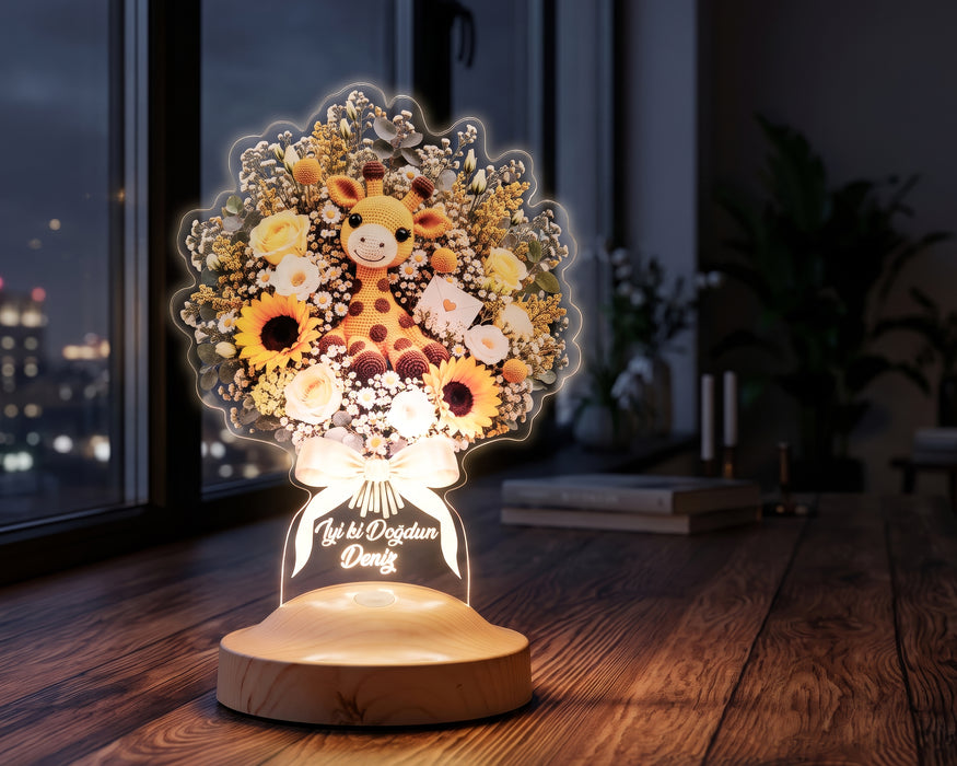 Zürafalı Ayçiçeği Işıklı Çiçek Buketi LED Lamba - Kişiye Özel Çocuğa Doğum Günü Hediyesi, Bebek ve Çocuk Odası Lambası