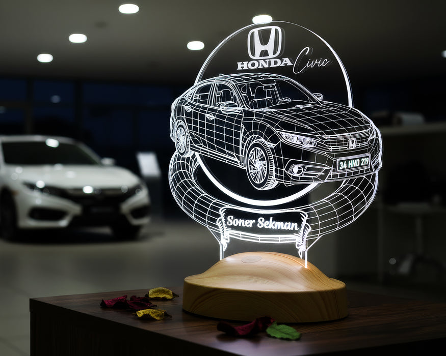 Honda Civic Tutkunlarına Hediye - Plaka Yazılabilen Araba Hediyesi - 3D Kişiye Özel Honda Civic Sedan LED Lamba