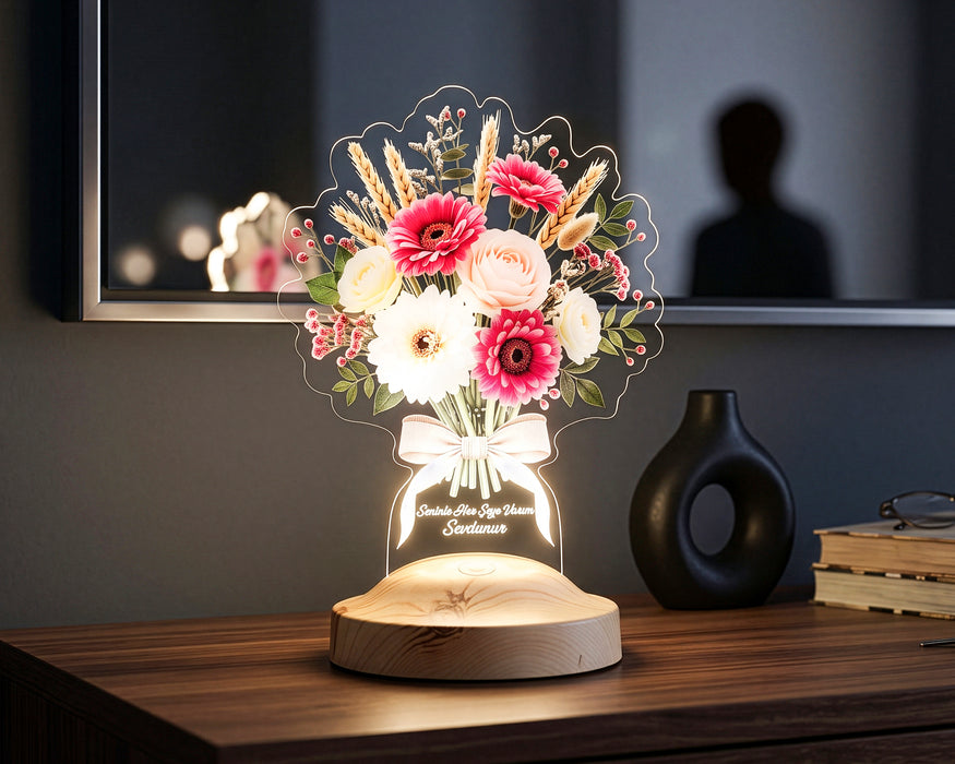 Günbatımı Gerbera Buketi LED Lamba - İsme Özel Solmayan Çiçek Buketi Yıldönümü ve Sevgililer Günü Hediyesi