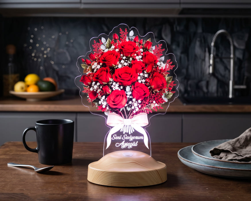 Kırmızı Güller Aşk Buketi LED Lamba – Kişiye Özel Kadına, Eşe ve Sevgiliye Romantik Hediye, Işıklı Solmayan Gül Çiçek Buketi
