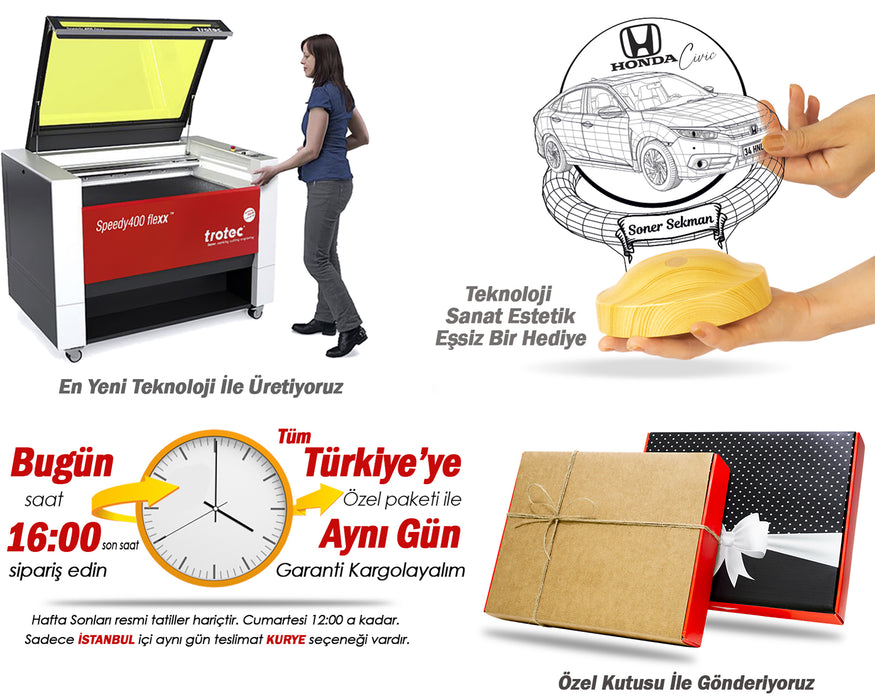 Honda Civic Tutkunlarına Hediye - Plaka Yazılabilen Araba Hediyesi - 3D Kişiye Özel Honda Civic Sedan LED Lamba