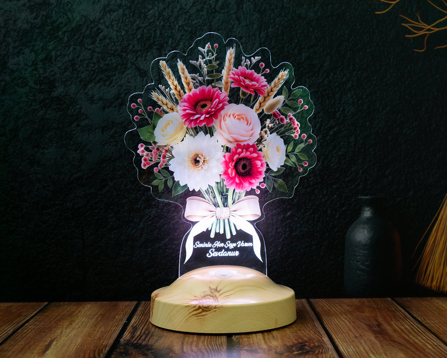 Günbatımı Gerbera Buketi LED Lamba - İsme Özel Solmayan Çiçek Buketi Yıldönümü ve Sevgililer Günü Hediyesi