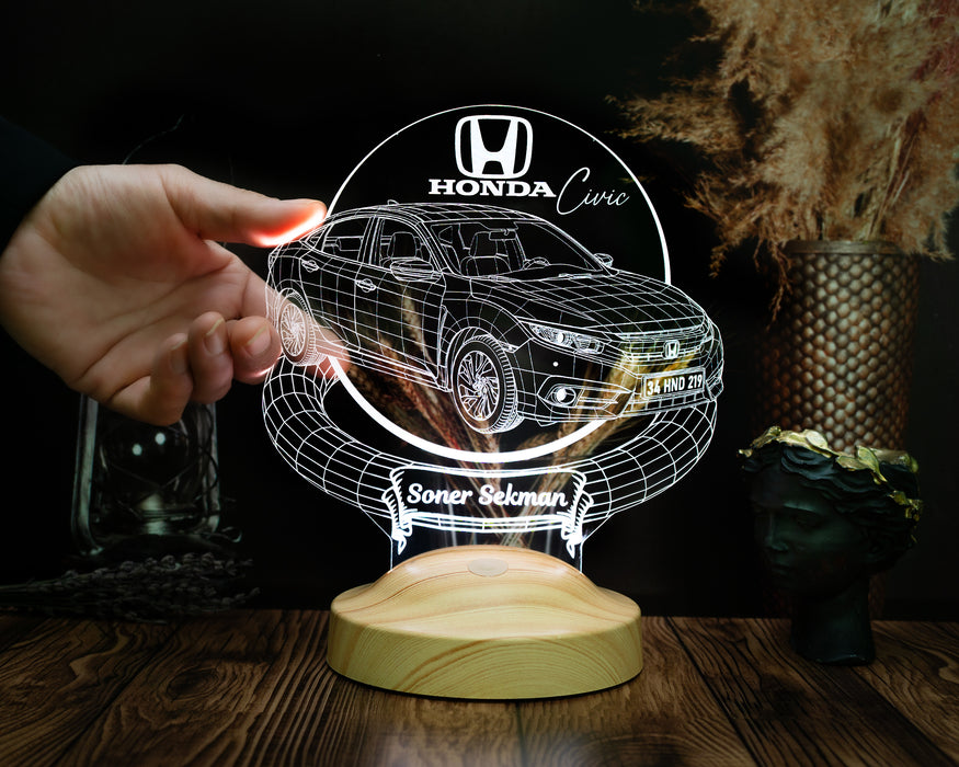Honda Civic Tutkunlarına Hediye - Plaka Yazılabilen Araba Hediyesi - 3D Kişiye Özel Honda Civic Sedan LED Lamba