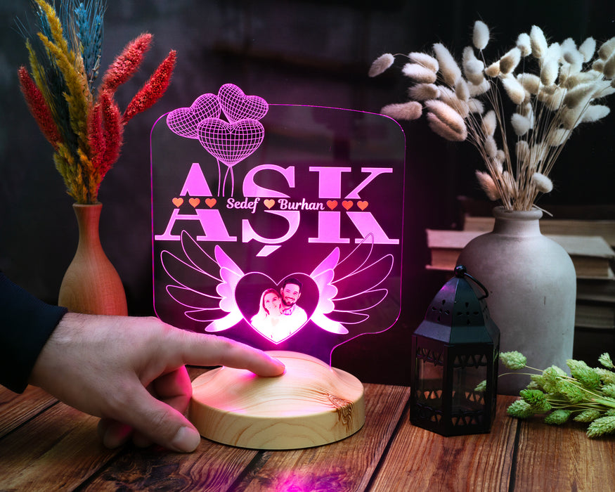 AŞK Temalı Kişiye Özel Fotoğraflı LED Lamba – Sevgiliye ve Eşe Anlamlı Hediye
