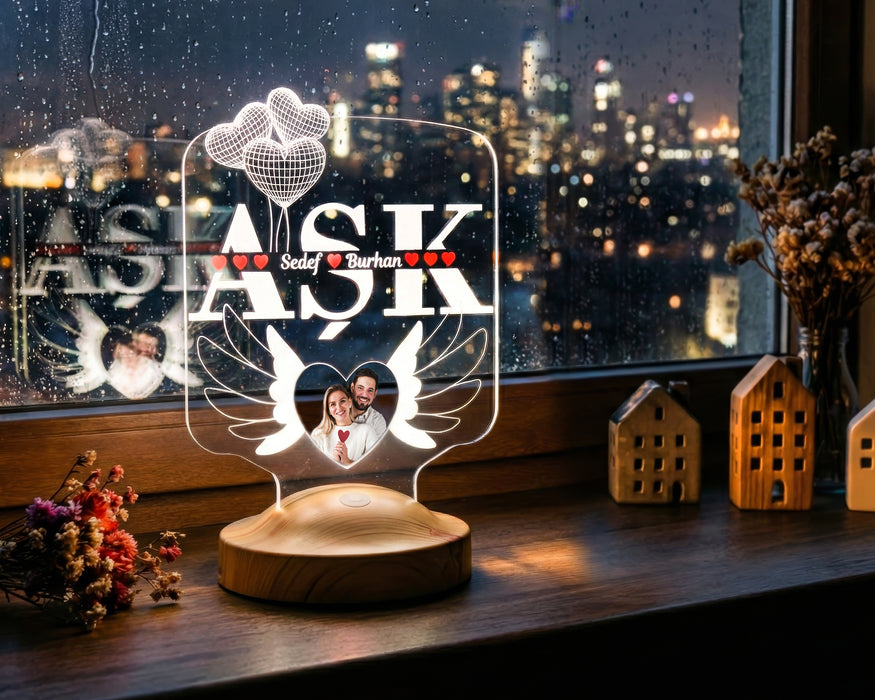 AŞK Temalı Kişiye Özel Fotoğraflı LED Lamba – Sevgiliye ve Eşe Anlamlı Hediye