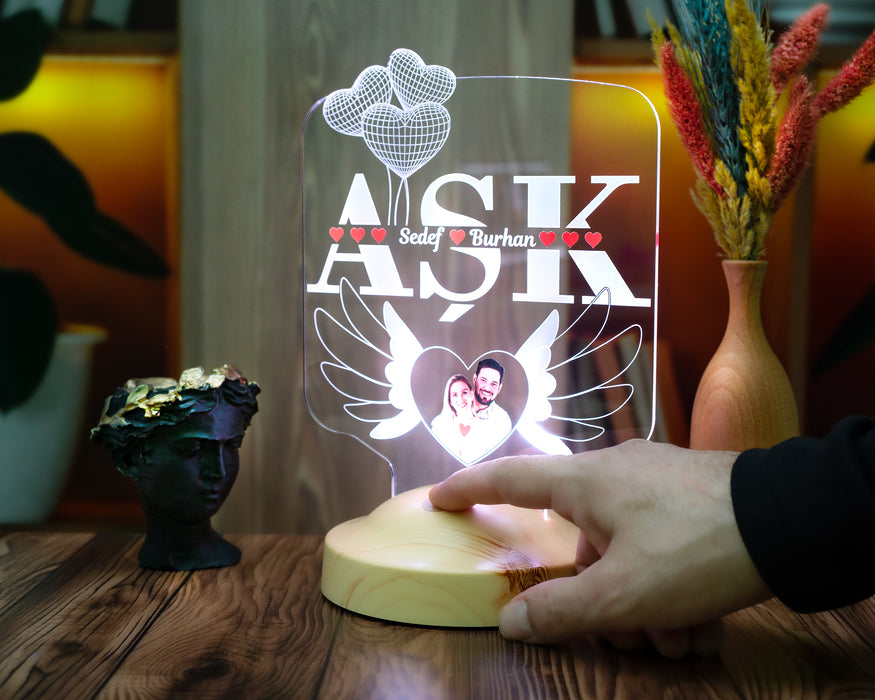 AŞK Temalı Kişiye Özel Fotoğraflı LED Lamba – Sevgiliye ve Eşe Anlamlı Hediye