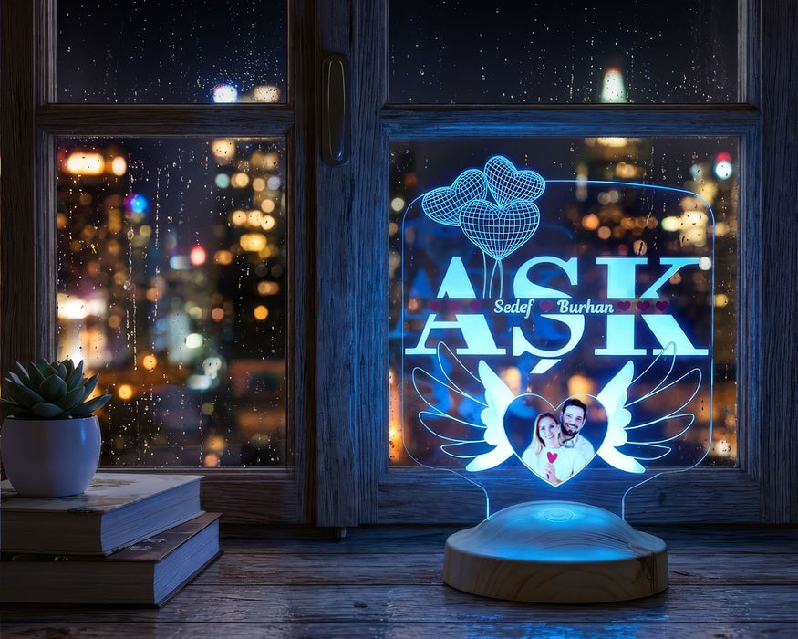 AŞK Temalı Kişiye Özel Fotoğraflı LED Lamba – Sevgiliye ve Eşe Anlamlı Hediye