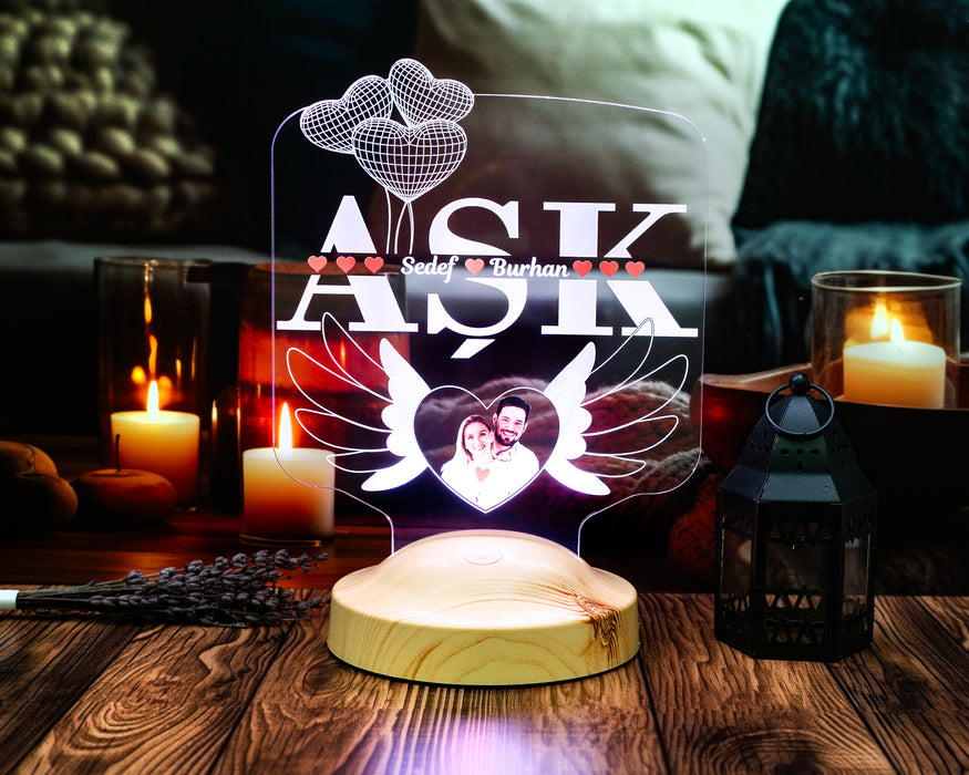 AŞK Temalı Kişiye Özel Fotoğraflı LED Lamba – Sevgiliye ve Eşe Anlamlı Hediye