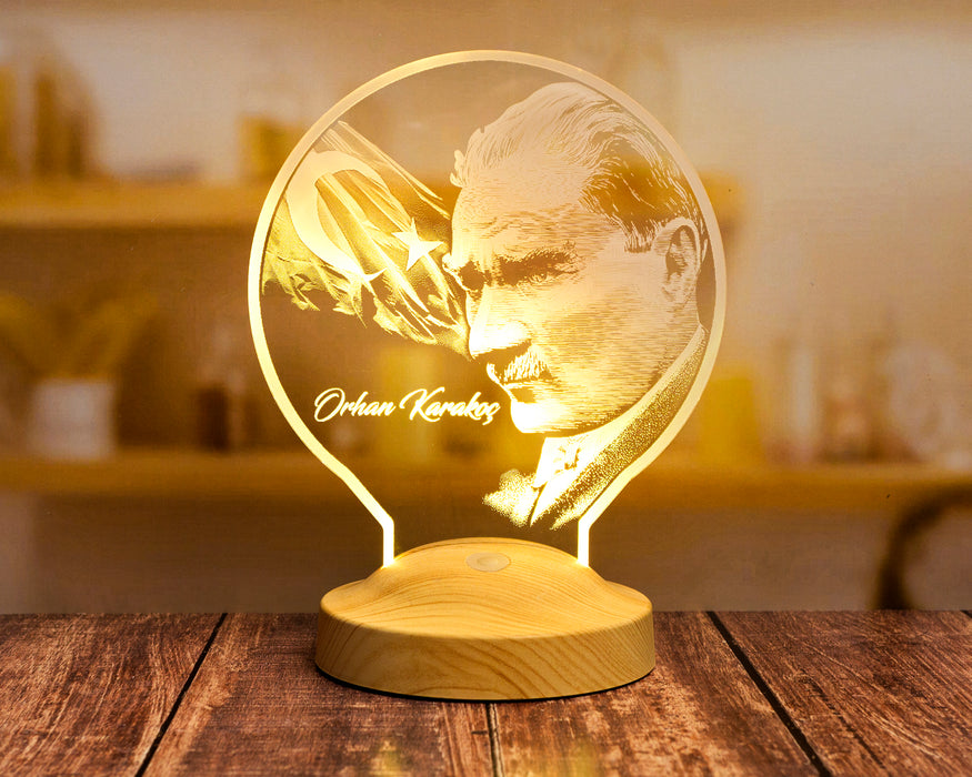Mustafa Kemal Atatürk Görselli Hediye, İsimli Atatürk Görseli ve Türk Bayrağı Hediyesi Led Lamba