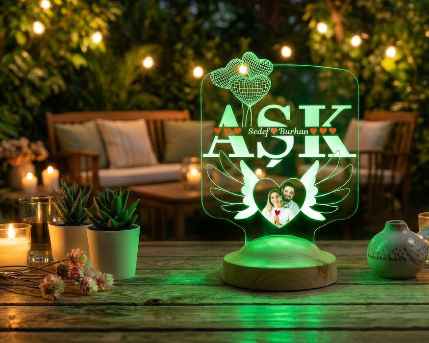AŞK Temalı Kişiye Özel Fotoğraflı LED Lamba – Sevgiliye ve Eşe Anlamlı Hediye