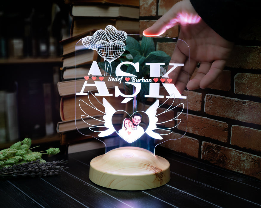 AŞK Temalı Kişiye Özel Fotoğraflı LED Lamba – Sevgiliye ve Eşe Anlamlı Hediye