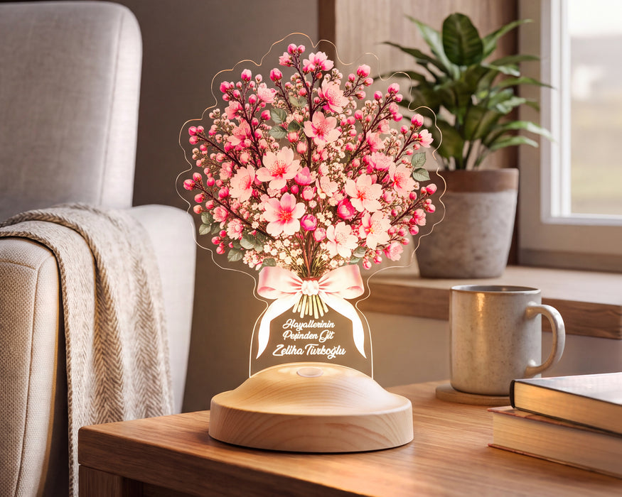 Sakura Kiraz Çiçeği Buketi LED Lamba – Kişiye Özel Işıklı Solmayan Sakura Çiçeği Sevgiliye Doğum Günü Hediyesi