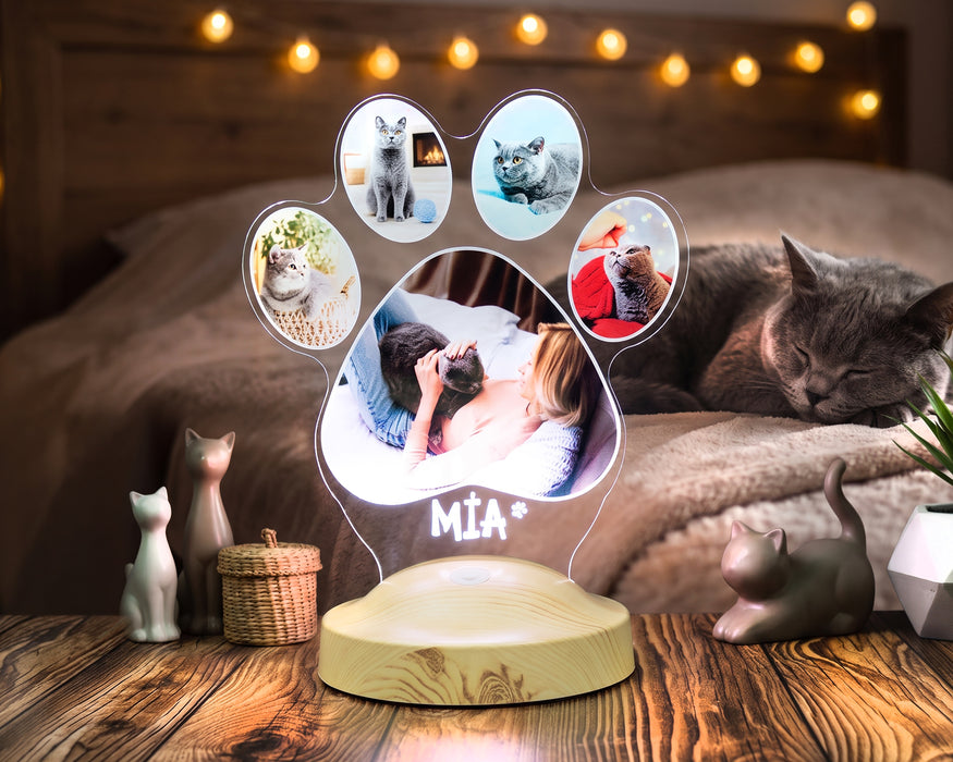 Pati Tasarımlı Kedi Fotoğraflı LED Lamba - İsim Yazılı Kedi Sahibine Doğum Günü Hediyesi