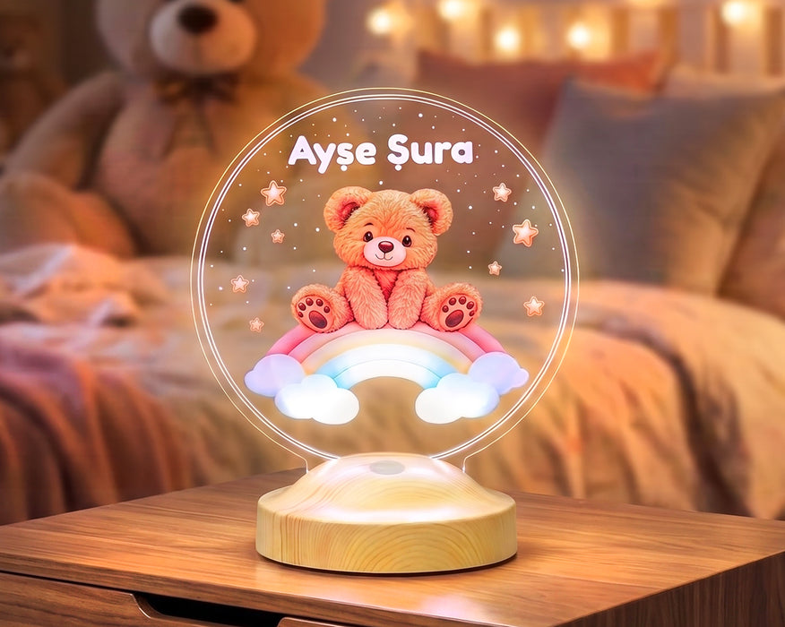 Gökkuşağı ve Sevimli Ayı Teddy LED Lamba - Bebek ve Çocuk Odası, Doğum Günü Hediyesi, Rainbow Temalı Masalsı Hediye