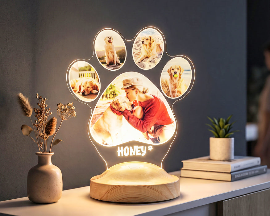 Pati Tasarımlı Köpek Fotoğraflı LED Lamba - İsim Yazılı Köpek Sahibine Doğum Günü Hediyesi
