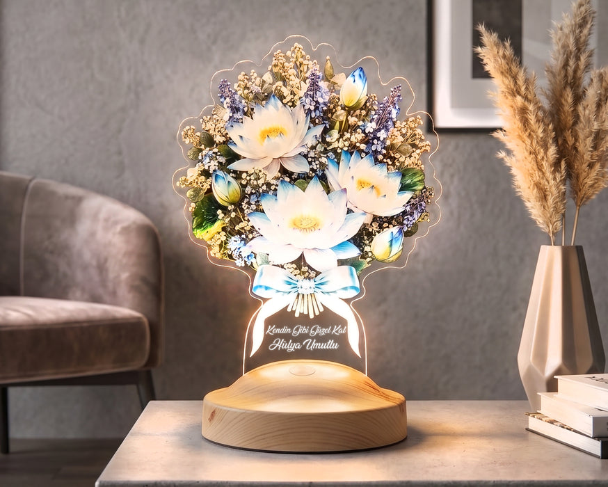 Nilüfer Lotus Çiçek Buketi LED Lamba - Kadına Doğum Günü Hediyesi Işıklı Solmayan Çiçek