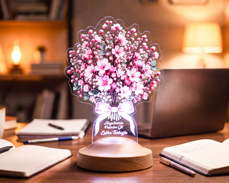 Sakura Kiraz Çiçeği Buketi LED Lamba – Kişiye Özel Işıklı Solmayan Sakura Çiçeği Sevgiliye Doğum Günü Hediyesi