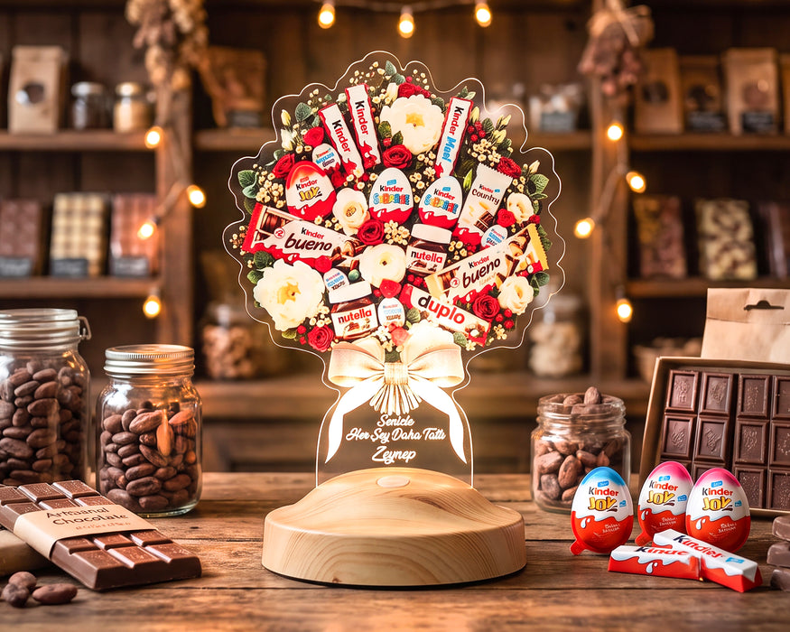 Kinder Çikolata Görselli Çiçek Buketi Lambası Işıklı Çiçek Buketi LED Lamba, Kişiye Özel İsimli Sevgiliye Doğum Günü Hediyesi