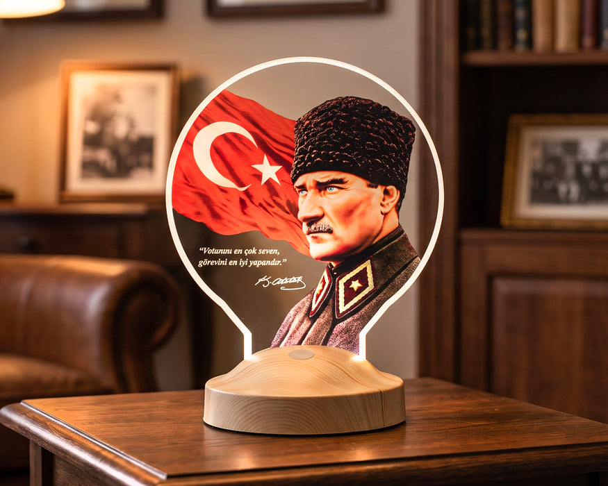 Renkli Atatürk ve Türk Bayrağı LED Lamba - Kalpaklı Atatürk Portresi Yeni İş ve Öğretmenler Günü Hediyesi Ofis Hediyesi