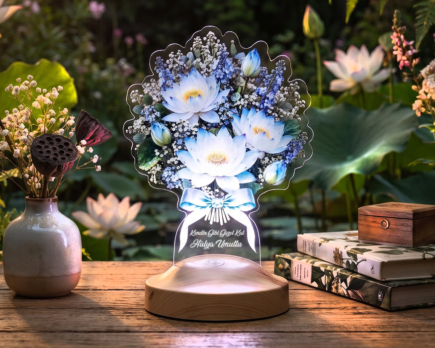 Nilüfer Lotus Çiçek Buketi LED Lamba - Kadına Doğum Günü Hediyesi Işıklı Solmayan Çiçek