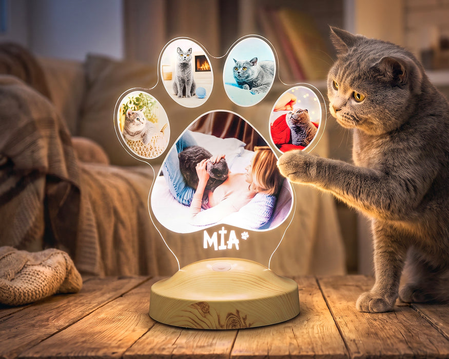 Pati Tasarımlı Kedi Fotoğraflı LED Lamba - İsim Yazılı Kedi Sahibine Doğum Günü Hediyesi