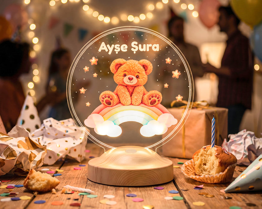 Gökkuşağı ve Sevimli Ayı Teddy LED Lamba - Bebek ve Çocuk Odası, Doğum Günü Hediyesi, Rainbow Temalı Masalsı Hediye