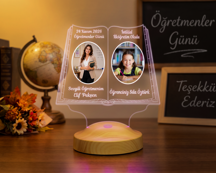 2 Fotoğraflı öğretmene Hediye Kitap Şeklinde LED Lamba - 24 Kasım Öğretmenler Günü Hediyesi, Öğrenci Resimli Mezuniyet Hediyesi
