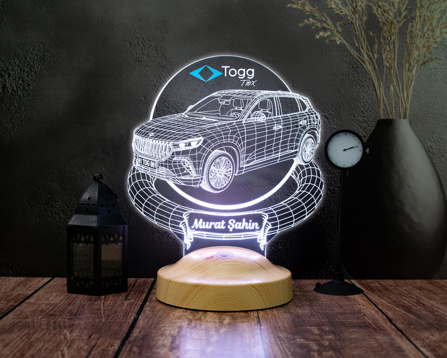Togg T10X Araba Kişiye Özel 3D LED Lamba, Togg Hediyesi, Elektrikli Araba Tutkunlarına İsimli Masa Lambası