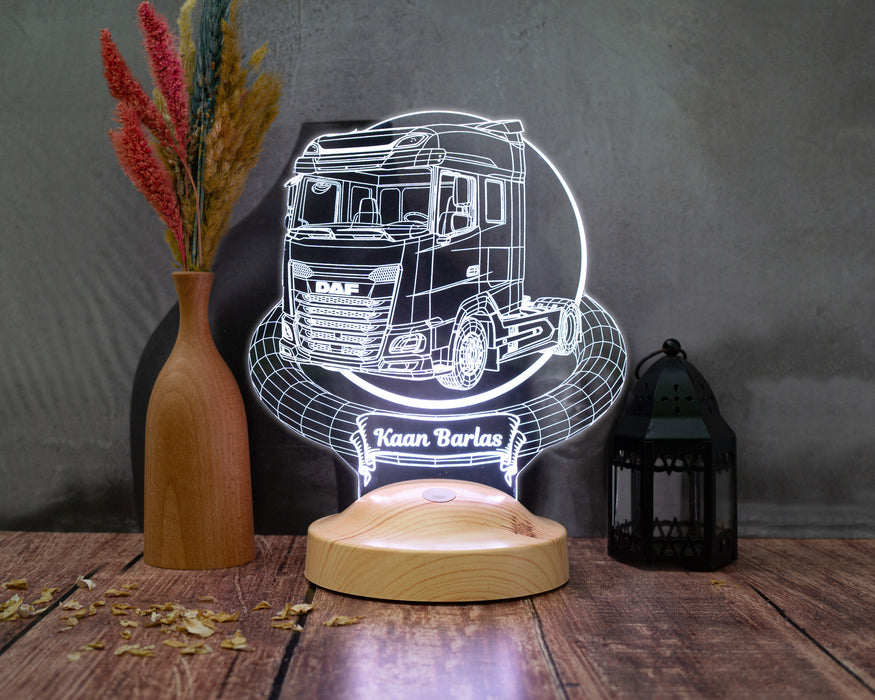 DAF Tır Kişiye Özel 3D LED Lamba, Tır Şoförüne Hediye, Kamyon ve Lojistik Tutkunlarına İsimli Gece Lambası