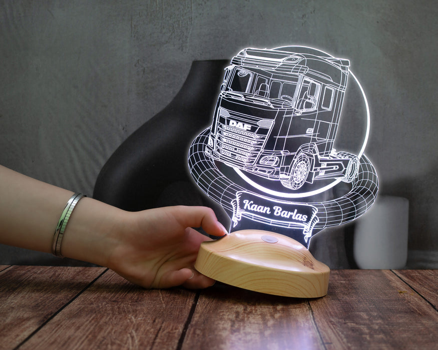 DAF Tır Kişiye Özel 3D LED Lamba, Tır Şoförüne Hediye, Kamyon ve Lojistik Tutkunlarına İsimli Gece Lambası