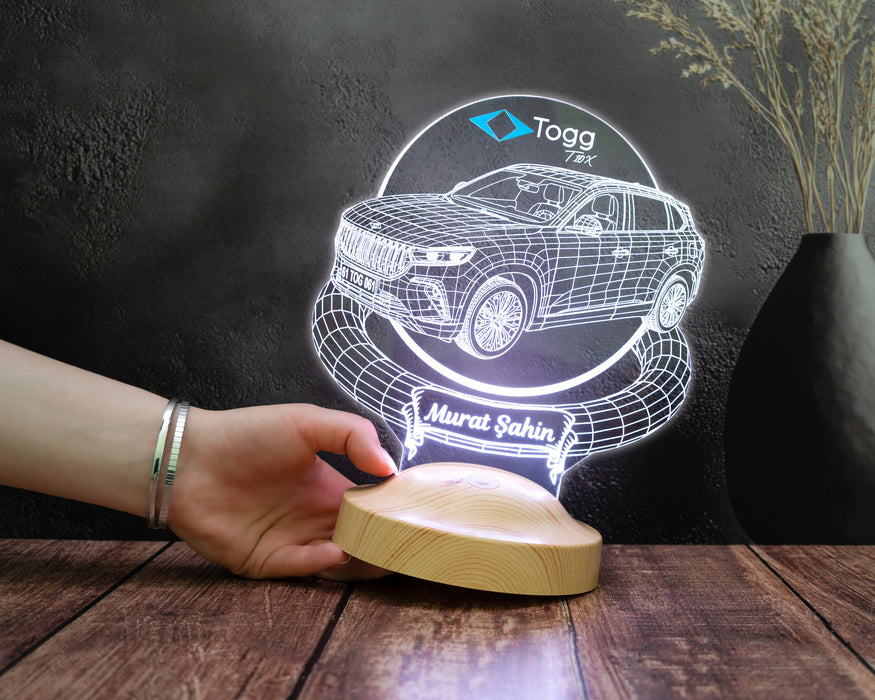 Togg T10X Araba Kişiye Özel 3D LED Lamba, Togg Hediyesi, Elektrikli Araba Tutkunlarına İsimli Masa Lambası