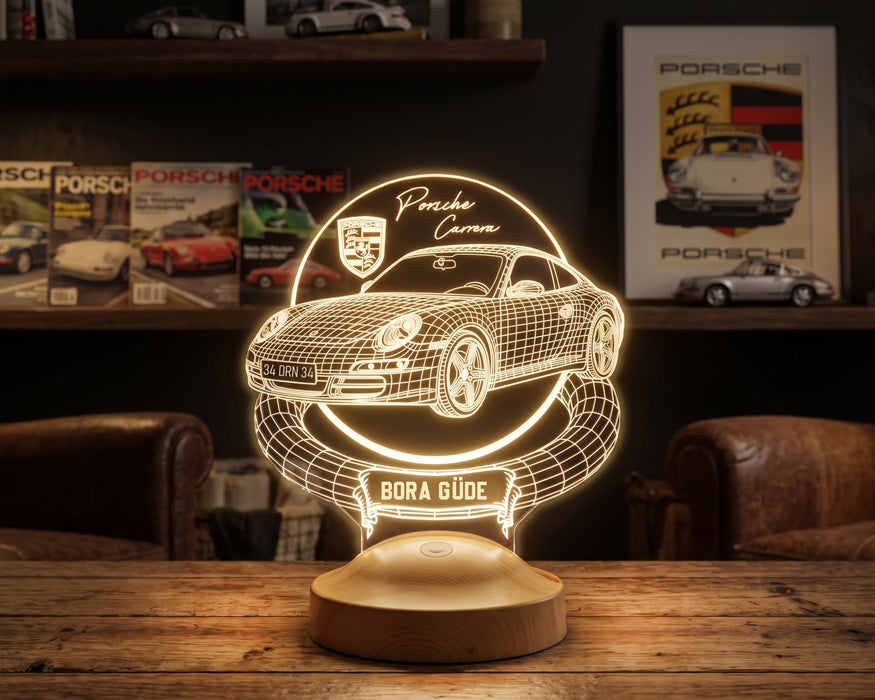 Porsche 911 Carrera Kişiye Özel 3D LED Lamba, Porsche Sevene Hediye, Klasik Spor Araba Tutkununa İsimli Masa Lambası