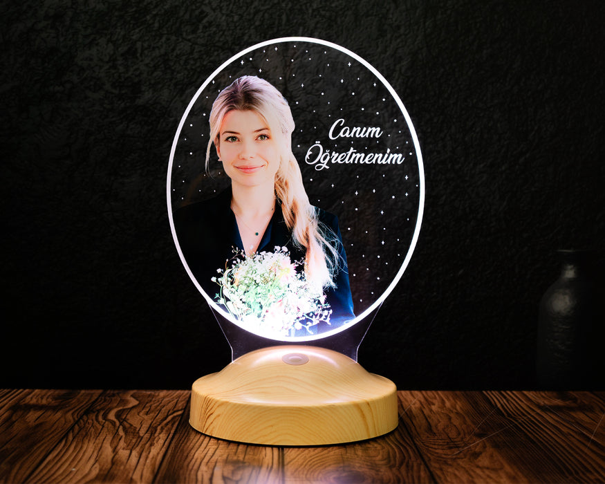 Kişiye Özel Öğretmen Fotoğraflı Oval LED Lamba / Öğretmenler Günü Hediyesi Resimli Hediye lamba