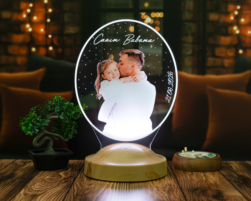 Kişiye Özel Babaya Fotoğraflı Oval LED Lamba | Babalar Günü Hediyesi Resimli ve Yazılı Hediye Lamba