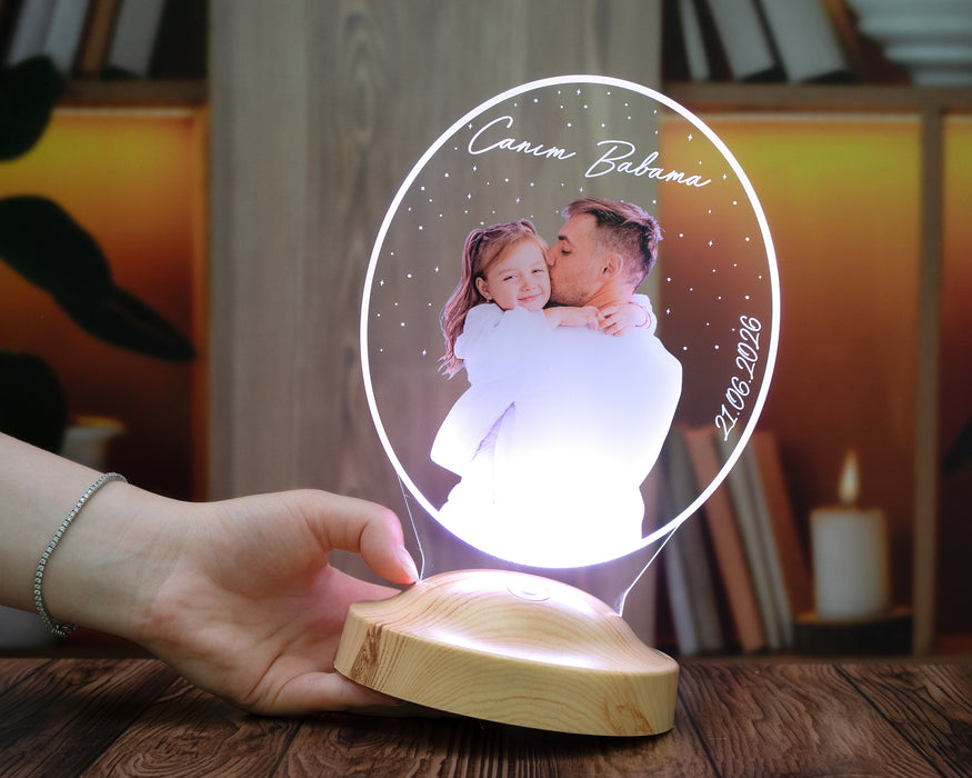 Kişiye Özel Babaya Fotoğraflı Oval LED Lamba | Babalar Günü Hediyesi Resimli ve Yazılı Hediye Lamba