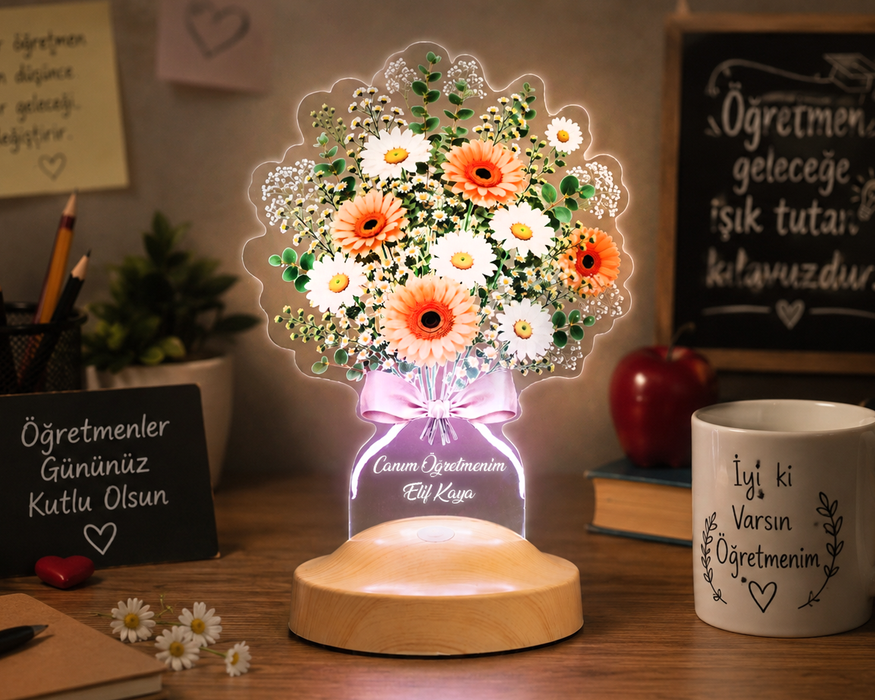 Beyaz Papatya Gerbera Çiçek Buketi LED Lamba - Papatya Aranjmanı Tasarımlı Anneye, Sevgiliye, Öğretmene ve Arkadaşa Anlamlı Hediye