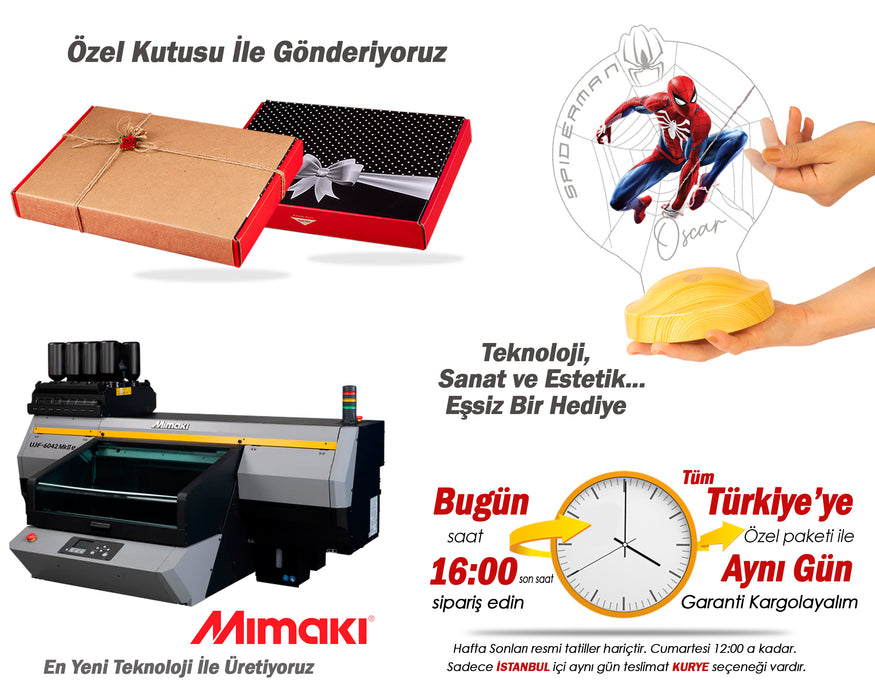 Spiderman Örümcek Adam Spider Man Figürlü Kişiye Özel Gece Lambası, 3D Led Lamba, Spider-Man Erkek Çocuk Hediyesi Renkli