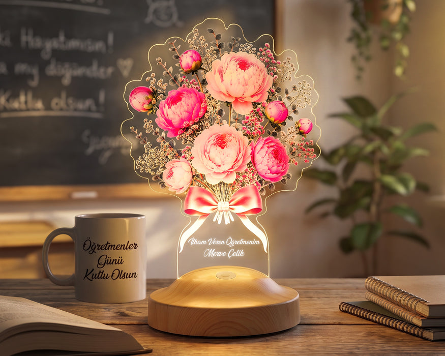 Pembe Şakayık Çiçek Buketi LED Lamba, Peony Şakayık Aranjmanı Kişiye Özel Anneye, Sevgiliye ve Kadına Zarif Hediye