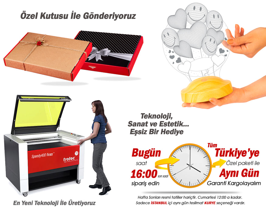 Yılbaşı Yeni Yıl Hediyesi Mutlu Yıllar 3D Smiley Kalpler Led Lamba