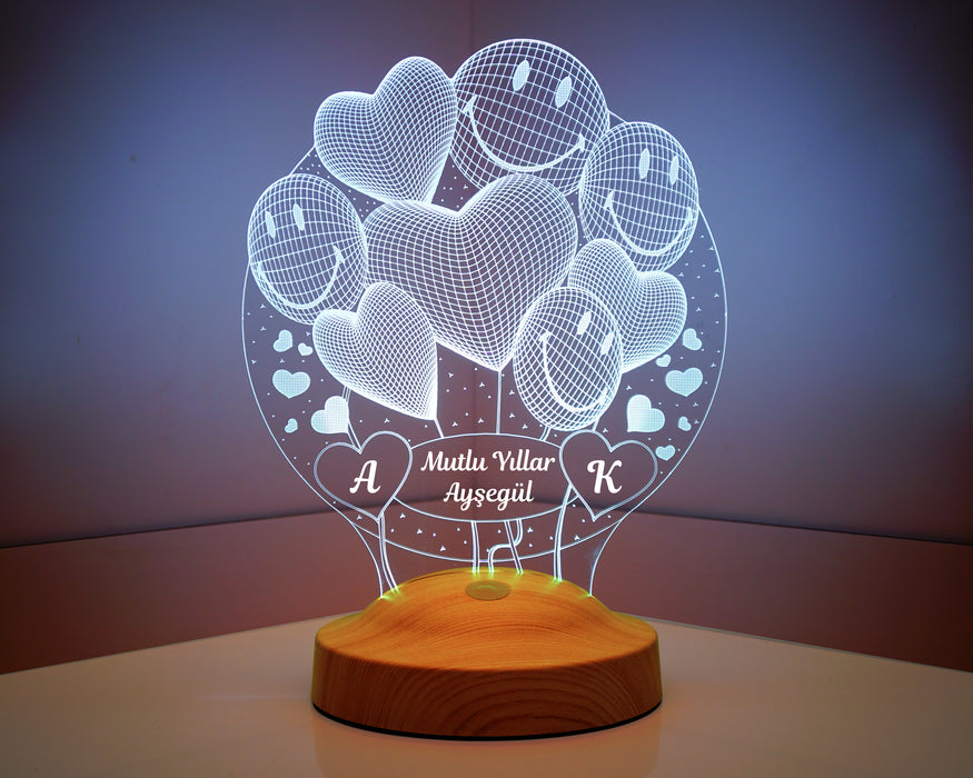 Yılbaşı Yeni Yıl Hediyesi Mutlu Yıllar 3D Smiley Kalpler Led Lamba
